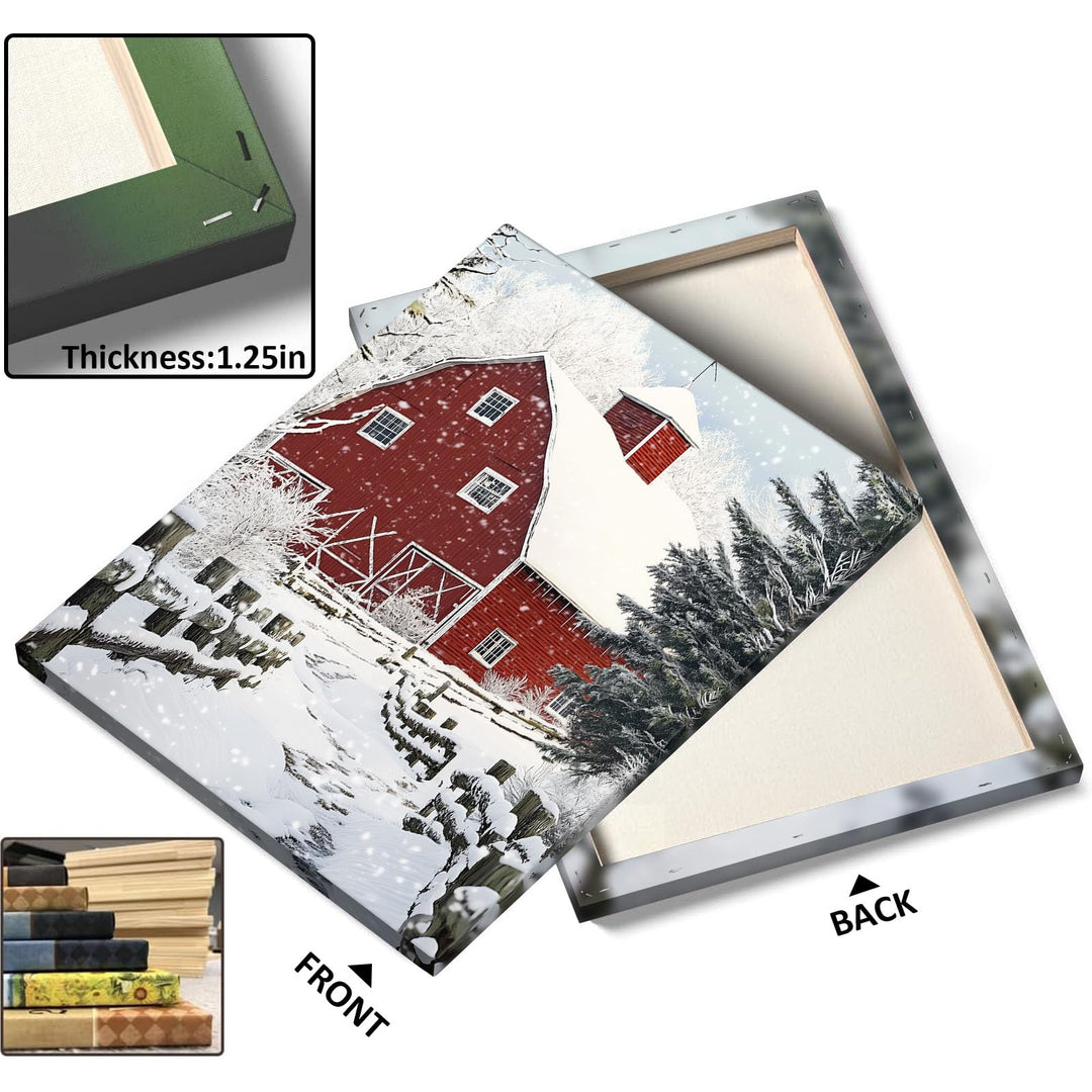 ART Christmas Canvas Wall Decor Festive Print, Red Barn Snow Scene Wall, Winter Farm Holiday Pictures Print Poster Framed Artwork for Living Room and Bedroom Décor