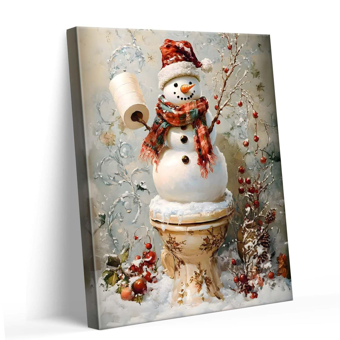 Funny Snowman Bathroom Wall Art - Christmas Toilet Snowman Paper Holder Canvas Pictures Print Poster Framed Artwork, Holiday Wall Decor Artwork for Bathroom or Living Room