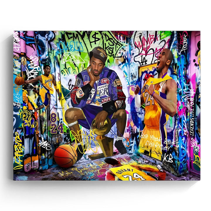 Kobe Bryant Canvas Wall Art Decor - Graffiti-Inspired Basketball Tribute Featuring Lakers Iconic Moments, Mamba Mentality Design for Living Room or Office Wall Decor