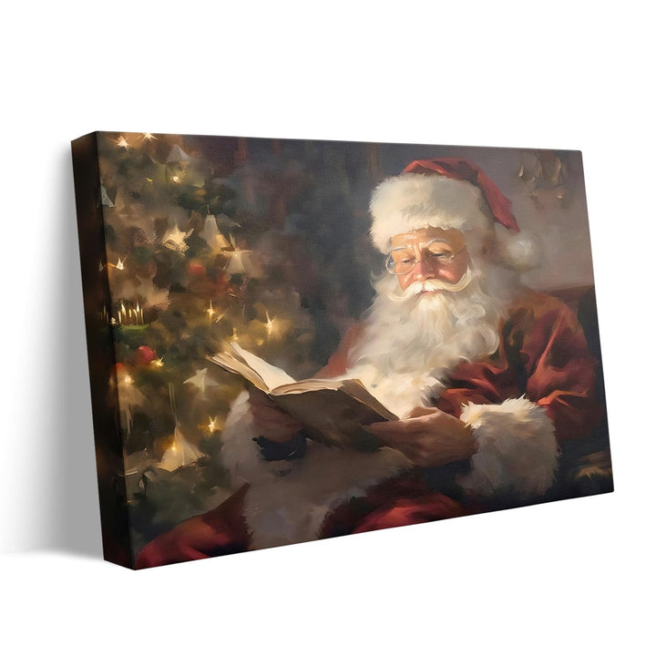 Christmas Wall Art Santa Wall Decor Canvas Classic Santa Reading by Christmas Tree Pictures Print Framed Xmas Canvas Wall Artwork for Living Room Bedroom