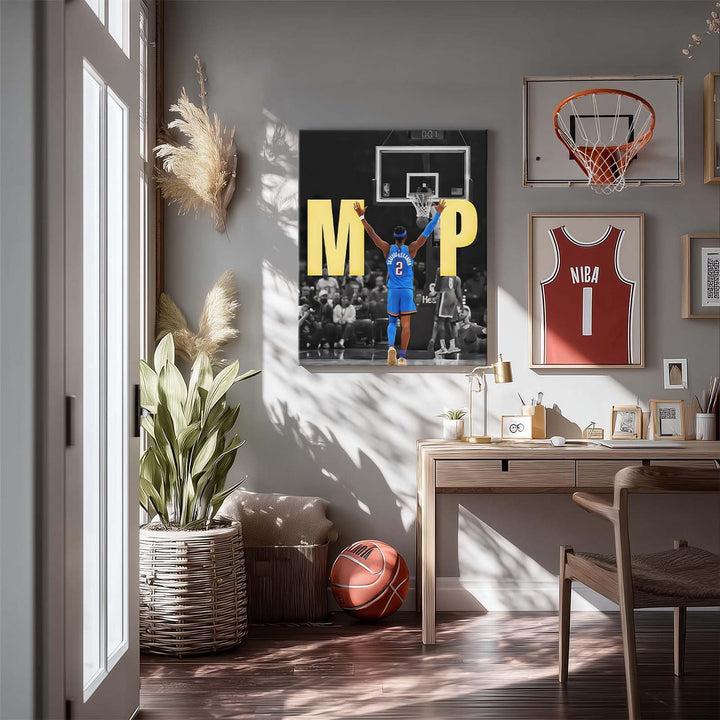 2025 NBA Finals MVP Canvas Wall Art Shai Gilgeous-Alexander Raising Hands Victory Poster Oklahoma City Thunder Back Pose Print Basketball Champion Wall Decor for Bedroom
