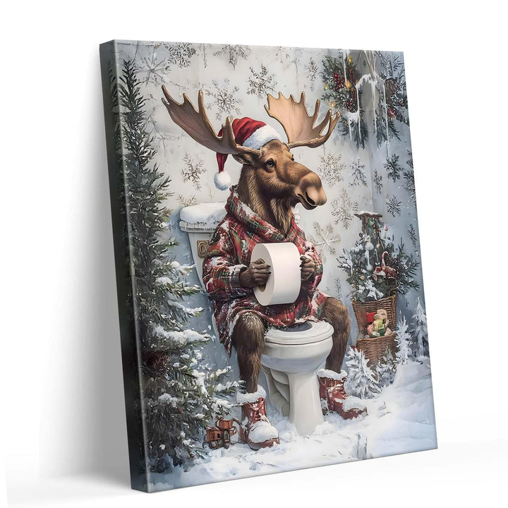 Christmas Moose Print Decor - Funny Holiday Canvas Print with Santa Hat, Winter Scene, Festive Wall Decor for Bathroom or Living Room