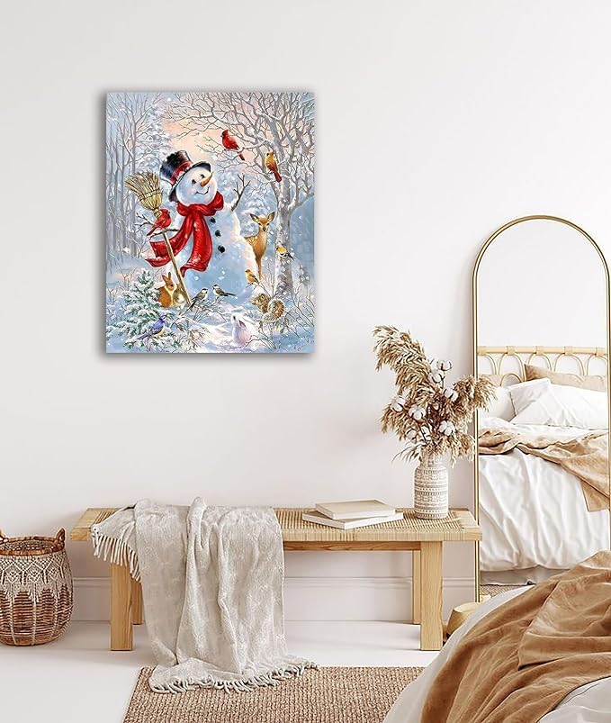 Christmas Wall Art Snowman Wall Decor Canvas Pictures Prints Christmas Home Decorations Snowman Painting Winter Red Wall Decor for Living Room Bedroom Xmas Party Artworks Gifts