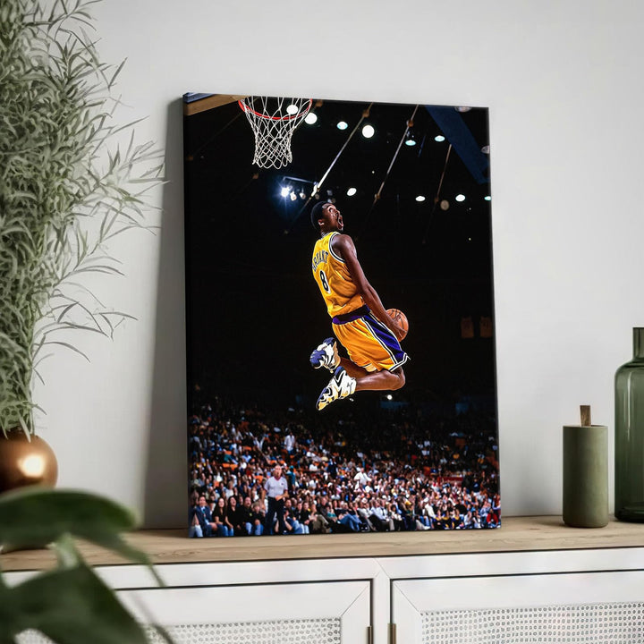 Kobe Bryant Canvas Wall Art Decor -Iconic Dunk Lakers No. 8 Action Shot, Basketball Legend Poster Print for Sports Fans, Dynamic Home and Office Wall Decor