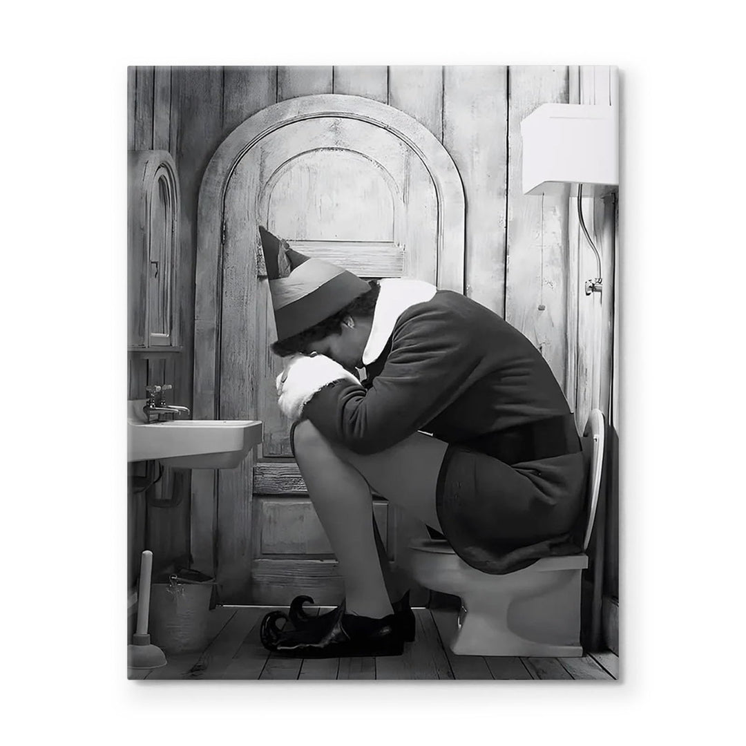 Funny Framed Canvas Wall Art Bathroom Decor Black and White Comedy Elf Movies Poster Bathroom Oil Painting Modern Toilet Artwork for Living Room Dorm Wall Home Decoration