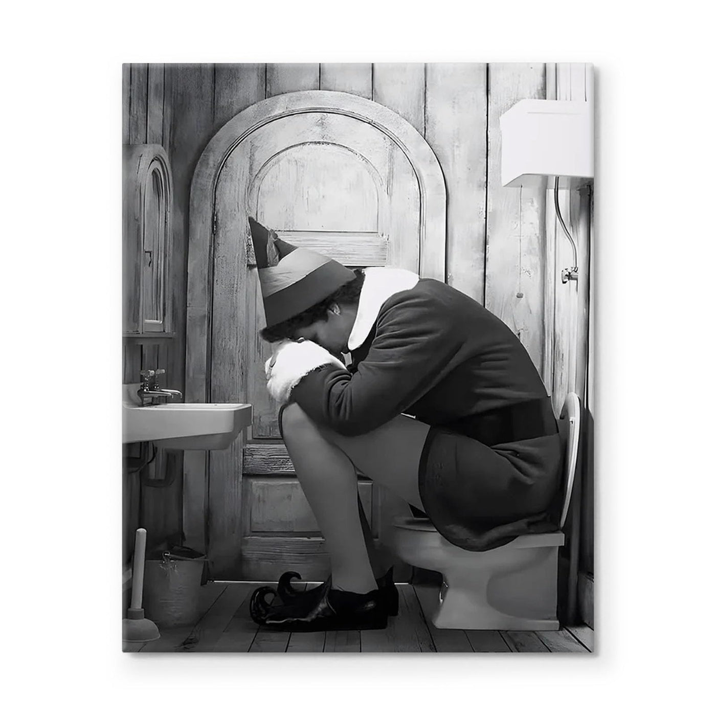 Funny Framed Canvas Wall Art Bathroom Decor Black and White Comedy Elf Movies Poster Bathroom Oil Painting Modern Toilet Artwork for Living Room Dorm Wall Home Decoration