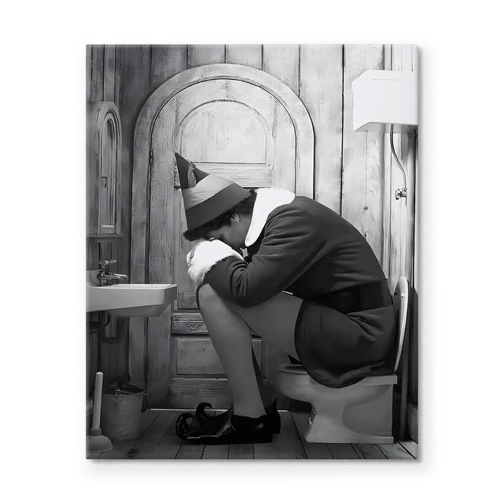Funny Framed Canvas Wall Art Bathroom Decor Black and White Comedy Elf Movies Poster Bathroom Oil Painting Modern Toilet Artwork for Living Room Dorm Wall Home Decoration