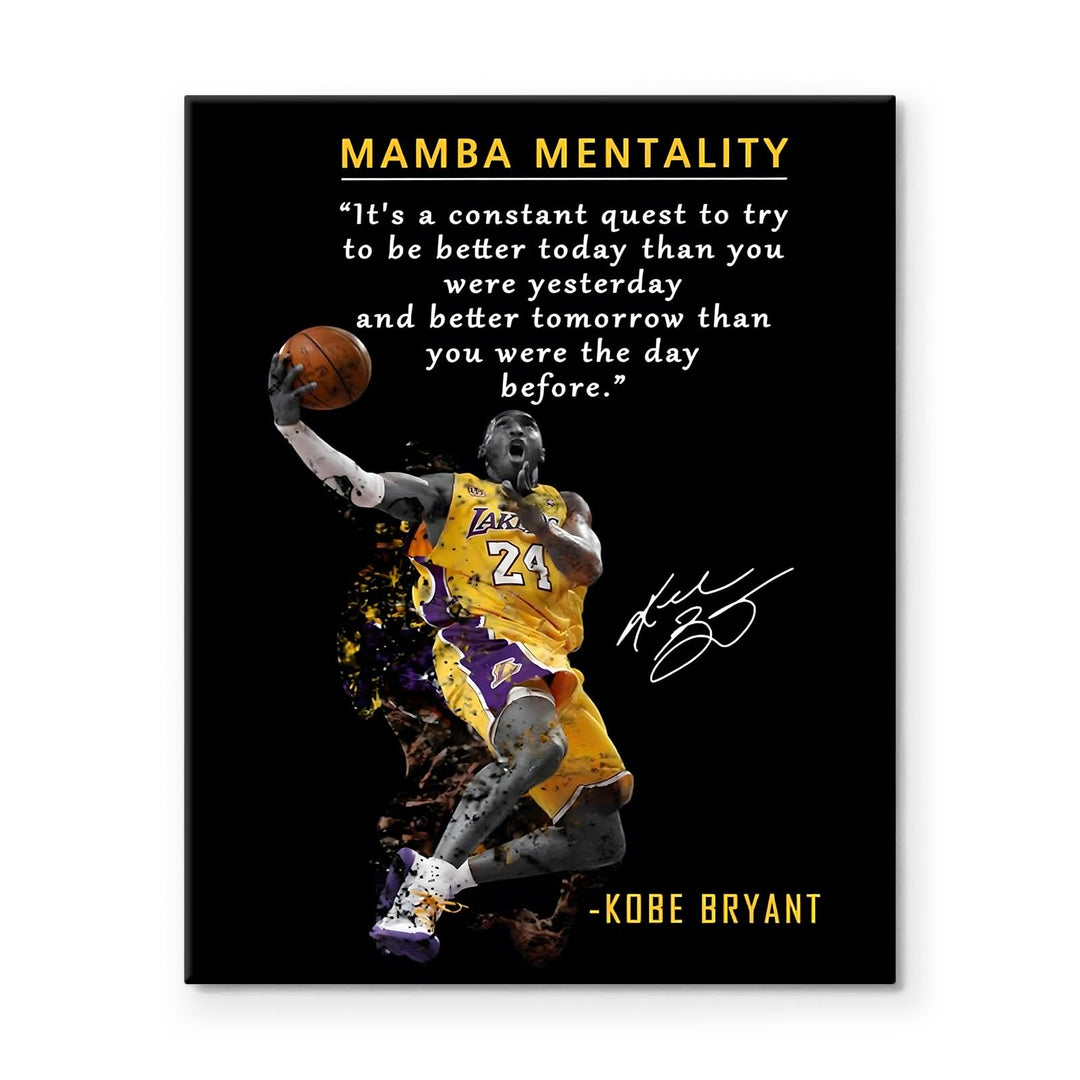 Kobe Bryant Canvas Wall Art Decor - Mamba Mentality Inspirational Quote, Lakers No. 24 Dunk Action Artwork, Iconic Basketball Legend Tribute Poster for Office, Gym or Home Wall Decoration