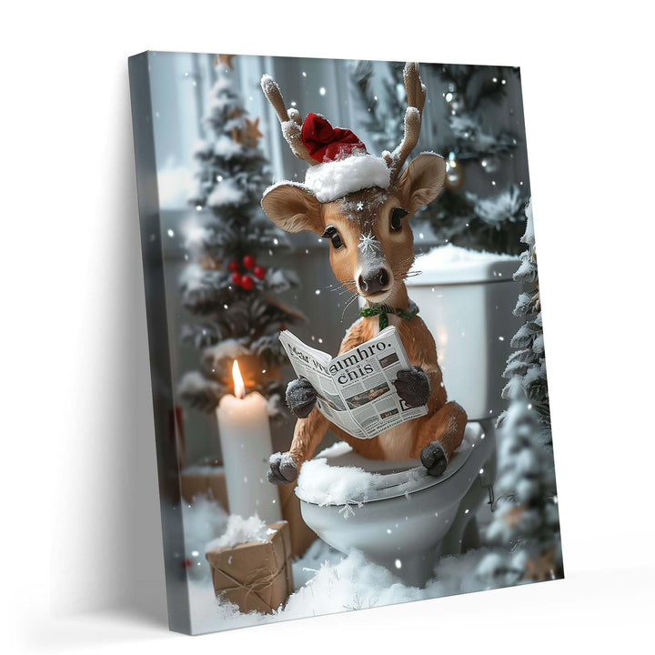 Christmas Bathroom Canvas Wall Art Decor - Reindeer Reading Newspaper on Toilet with Festive Decor, Humorous Holiday Canvas Art for Bathroom, Unique Christmas Gift for Friends and Family