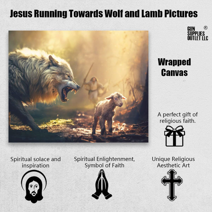 Christian Wall Art Jesus Running Towards Wolf and Lamb Pictures Jesus Art Wall Decor for Living Room Bedroom Church Decorations