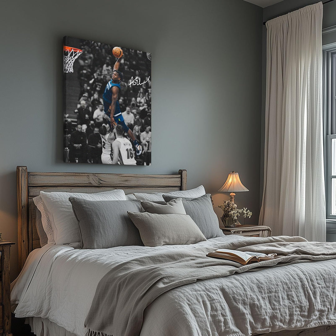 NBA Canvas Wall Art Decor - Anthony Edwards Iconic Dunk, Timberwolves Slam Dunk Action, High-Flying Basketball Moment, Sports Poster for Home