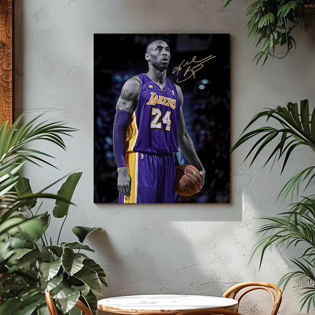 Kobe Bryant Canvas Wall Art Decor - Iconic Los Angeles Lakers No. 24 Basketball Artwork with Autograph Style Print, Inspirational Sports Canvas for Home, Office or Gym Wall Decor