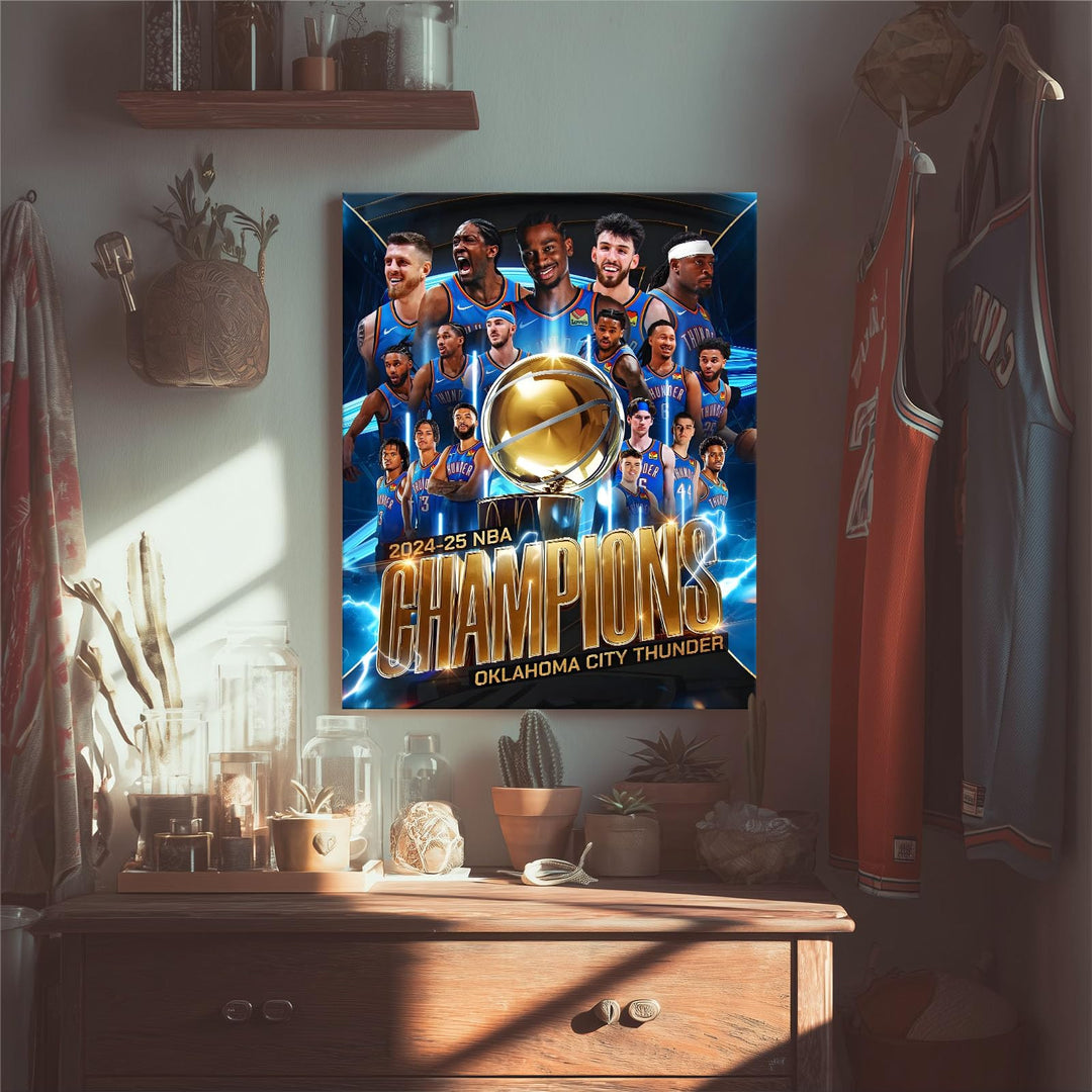 2025 NBA Finals Canvas Wall Art Decor Framed Painting - Oklahoma City Thunder Championship Team Poster Print, Golden Trophy Basketball Oil Painting, Sports Celebration Canvas Decor