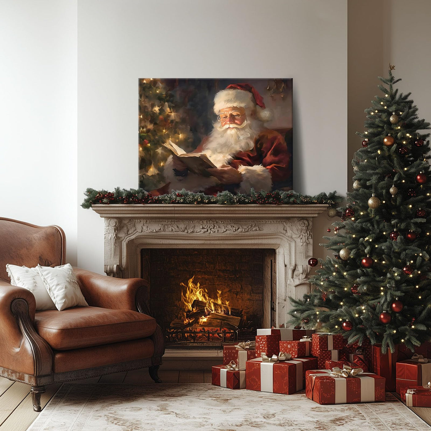 Christmas Wall Art Santa Wall Decor Canvas Classic Santa Reading by Christmas Tree Pictures Print Framed Xmas Canvas Wall Artwork for Living Room Bedroom