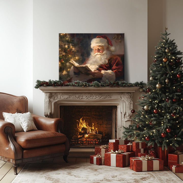 Christmas Wall Art Santa Wall Decor Canvas Classic Santa Reading by Christmas Tree Pictures Print Framed Xmas Canvas Wall Artwork for Living Room Bedroom