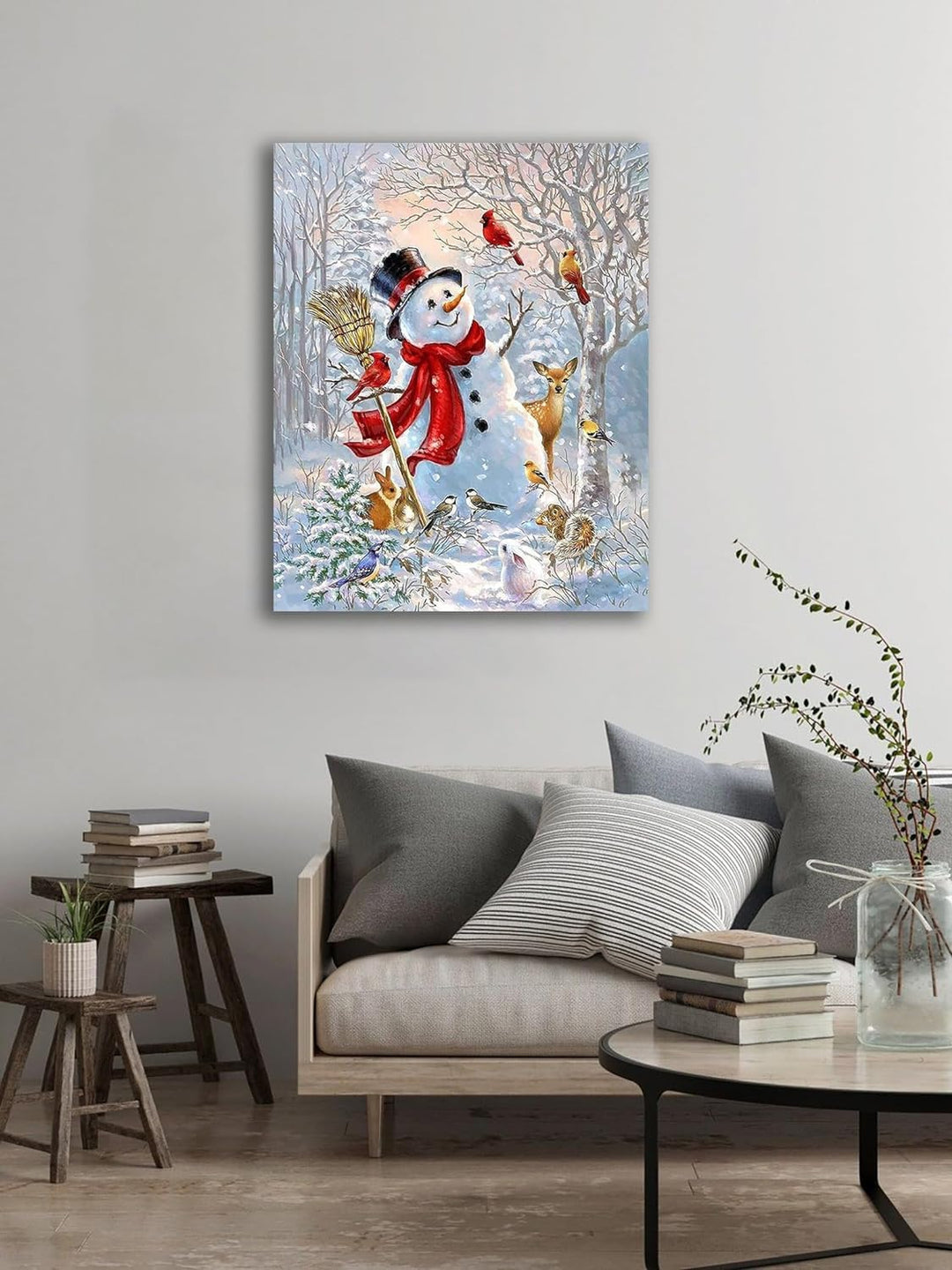 Christmas Wall Art Snowman Wall Decor Canvas Pictures Prints Christmas Home Decorations Snowman Painting Winter Red Wall Decor for Living Room Bedroom Xmas Party Artworks Gifts