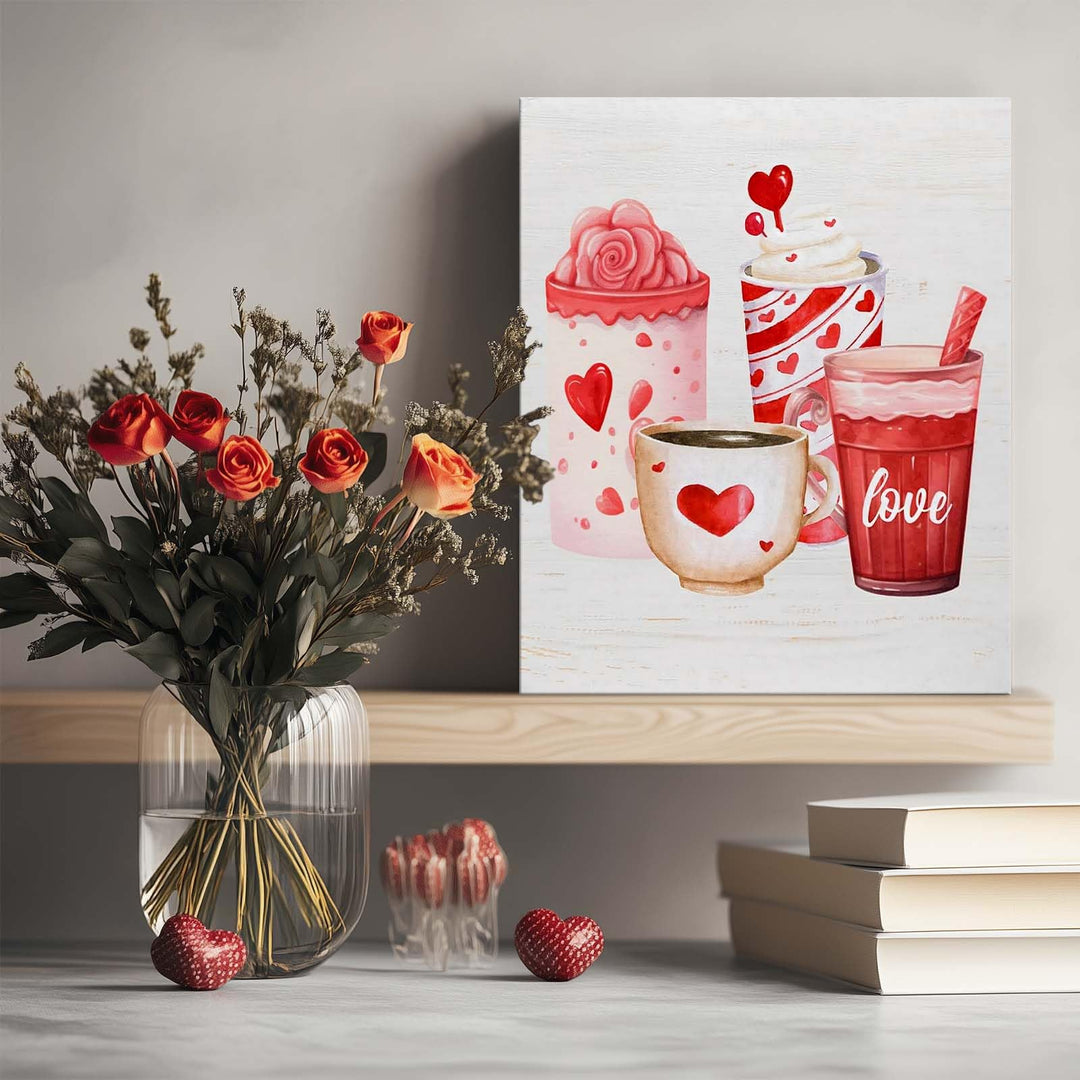 Valentine's Day Canvas Wall Art, Romantic Heart Mug and Sweet Drinks Print Poster Framed, Cozy Farmhouse Kitchen Decor, Love-Themed Wall Oil Painting Artwork for Holiday Decor