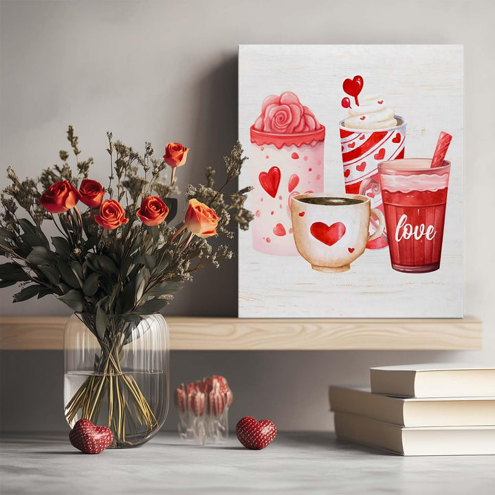 Valentine's Day Canvas Wall Art, Romantic Heart Mug and Sweet Drinks Print Poster Framed, Cozy Farmhouse Kitchen Decor, Love-Themed Wall Oil Painting Artwork for Holiday Decor