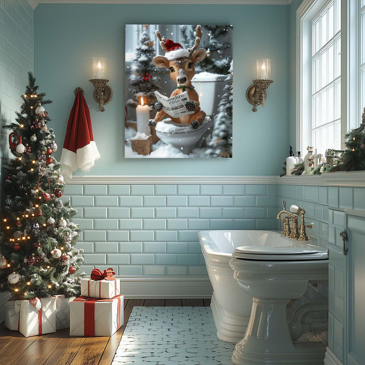 Christmas Bathroom Canvas Wall Art Decor - Reindeer Reading Newspaper on Toilet with Festive Decor, Humorous Holiday Canvas Art for Bathroom, Unique Christmas Gift for Friends and Family