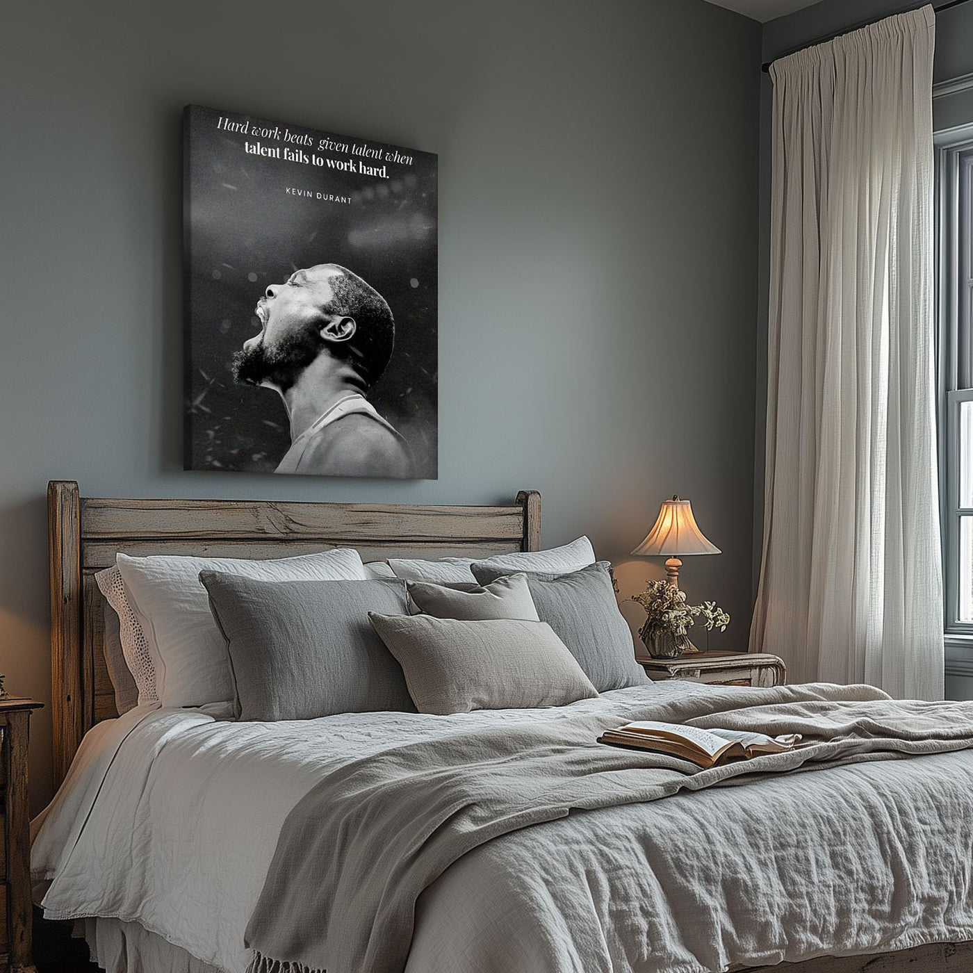 NBA Canvas Wall Art Decor - Kevin Durant Motivational Quote Poster, Hard Work Beats Talent Basketball Artwork, Black and White Inspirational Canvas Decor
