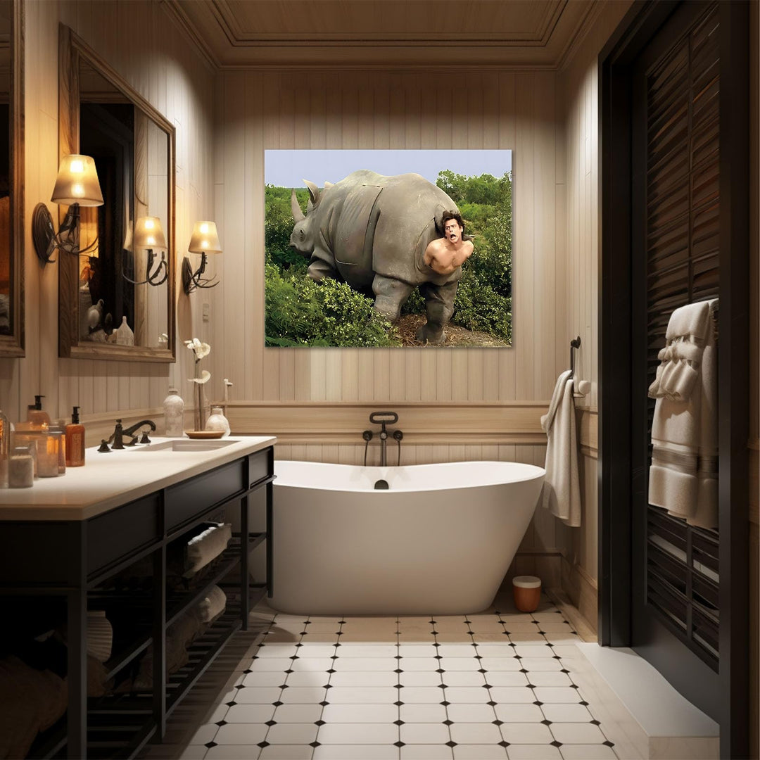 Funny Framed Canvas Wall Art Bathroom Decor Retro Humor Comedy Ace Ventura Movies Poster Rhino Painting Modern Toilet Artwork for Living Room Dorm Wall Home Decoration
