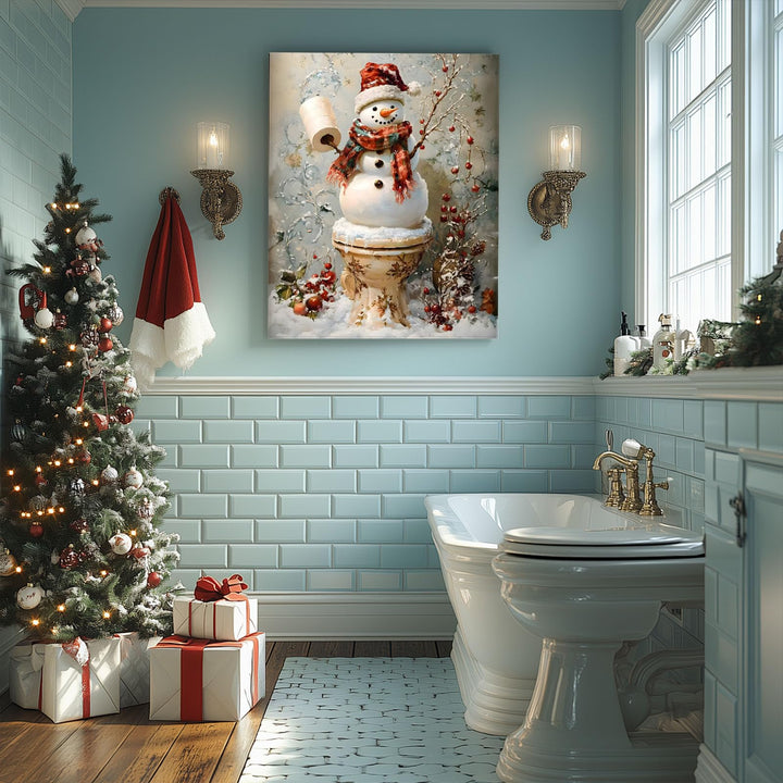 Funny Snowman Bathroom Wall Art - Christmas Toilet Snowman Paper Holder Canvas Pictures Print Poster Framed Artwork, Holiday Wall Decor Artwork for Bathroom or Living Room