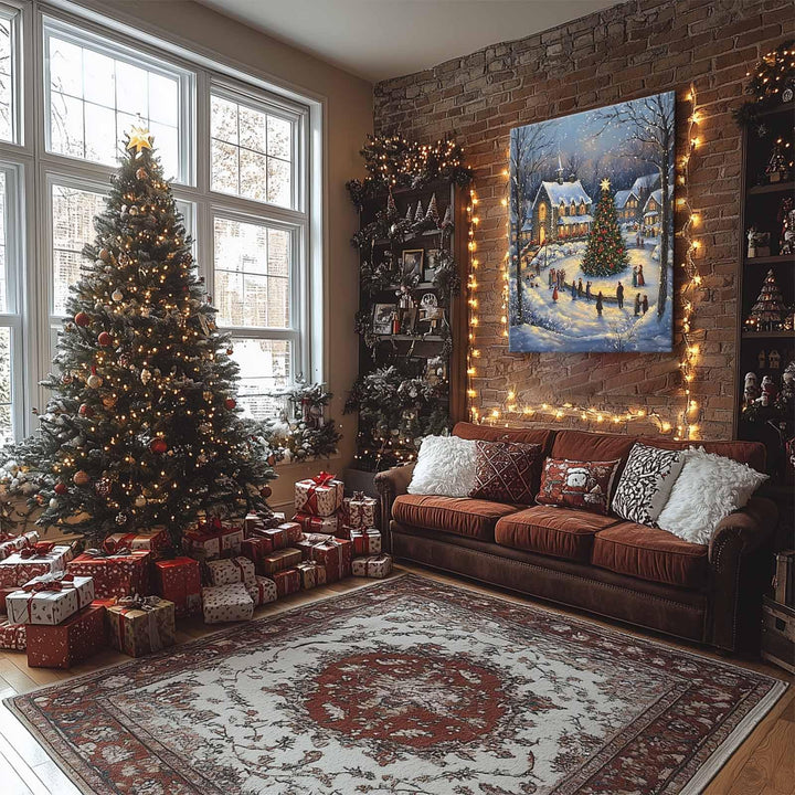 ART Christmas Canvas Wall Snowy Church and Tree Pictures Print Holiday Village Scene Festive Winter Wonderland with Lit Church and Christmas Tree Family Decor for Living Room Bedroom
