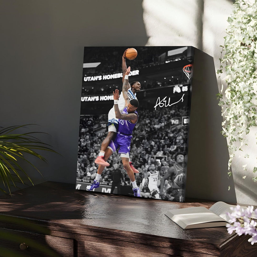 Basketball Canvas Wall Art, Exciting Anthony Edwards Dunk Print Poster for Bedroom Living Room Wall Decor, NBA Star Oil Painting Inspirational Sports Pictures Decoration