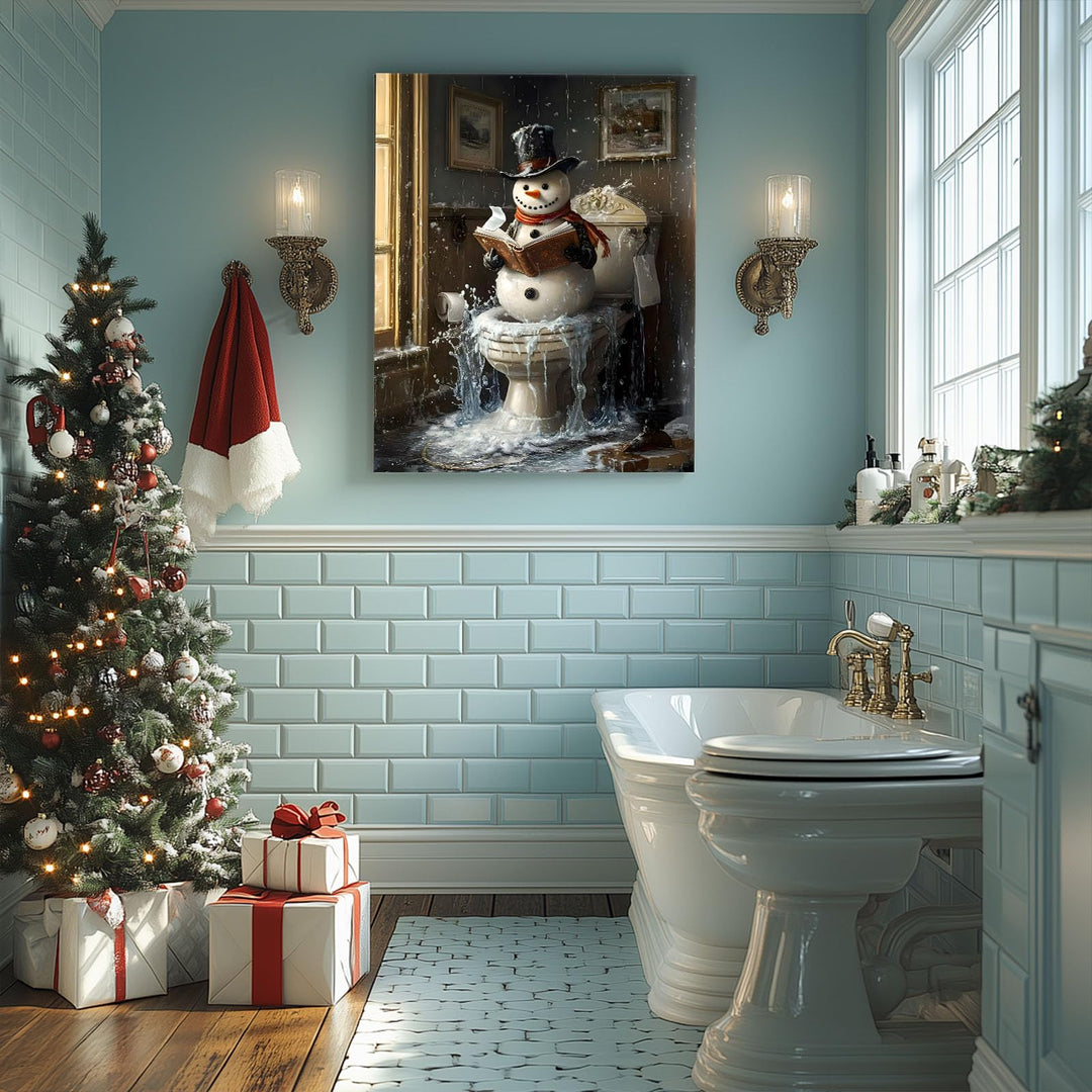 Sunwes Christmas Bathroom Wall Art Snowman Decor Snowman Reading on Toilet Icy Winter Humor Canvas Pictures Print Funny Christmas Wall Decor Artwork for Bathroom