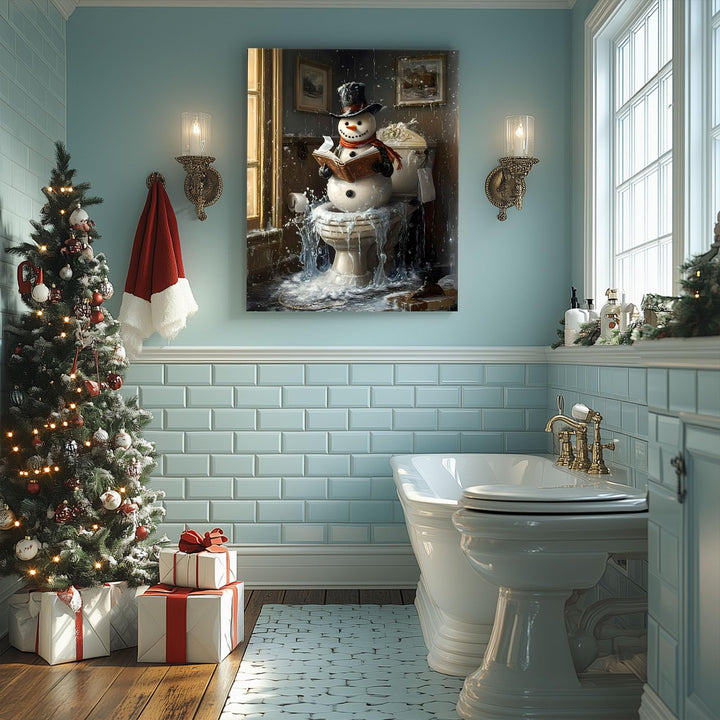 Sunwes Christmas Bathroom Wall Art Snowman Decor Snowman Reading on Toilet Icy Winter Humor Canvas Pictures Print Funny Christmas Wall Decor Artwork for Bathroom
