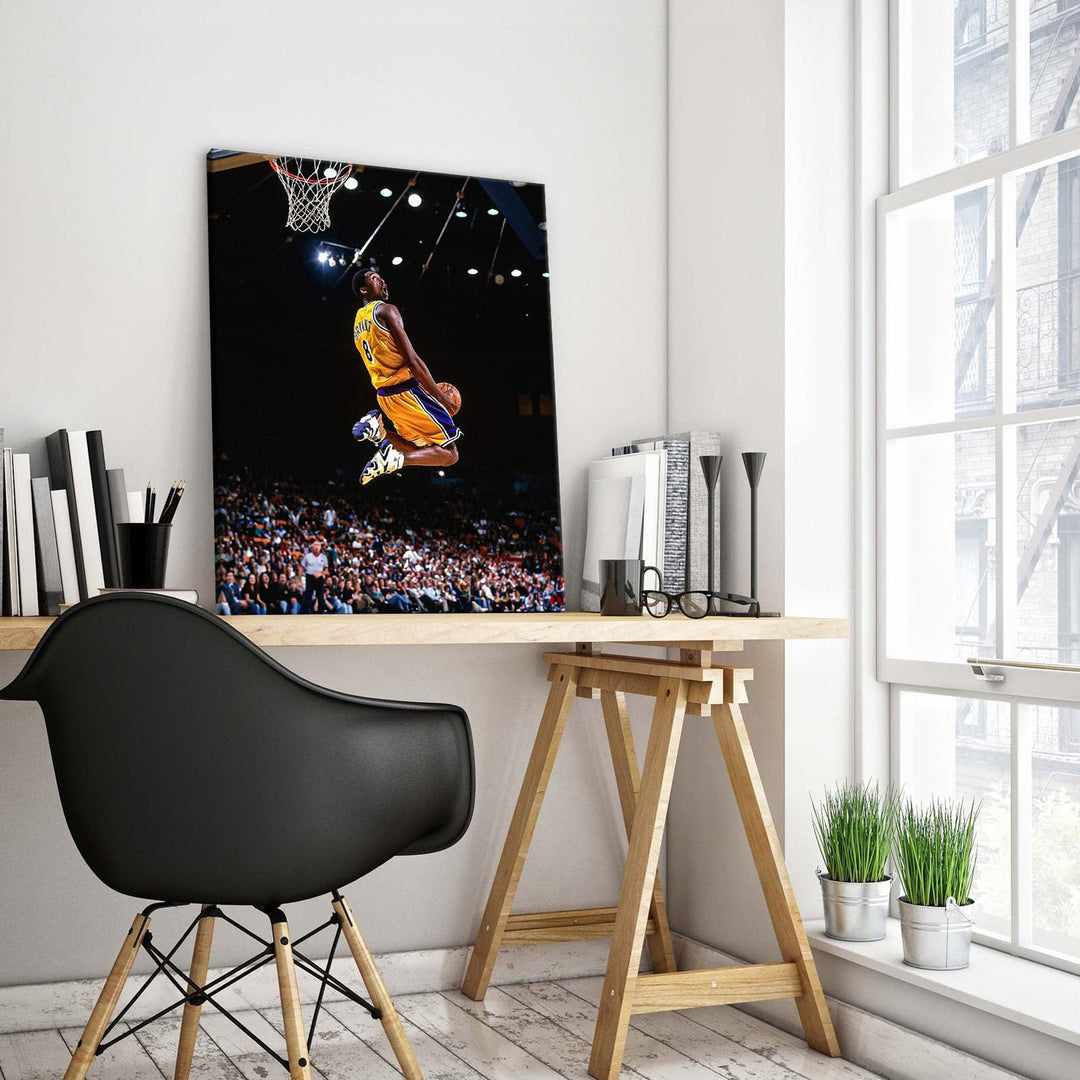 Kobe Bryant Canvas Wall Art Decor -Iconic Dunk Lakers No. 8 Action Shot, Basketball Legend Poster Print for Sports Fans, Dynamic Home and Office Wall Decor