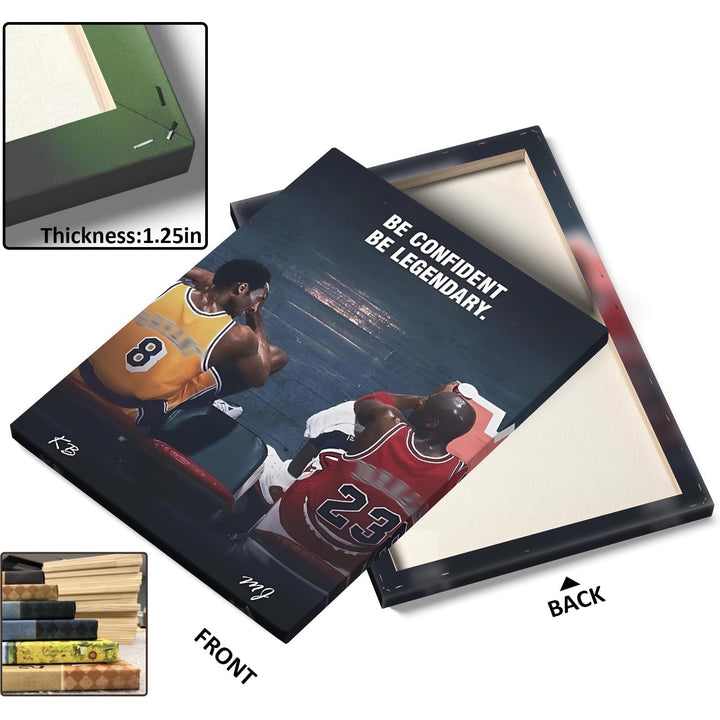 Kobe Bryant and Michael Jordan Canvas Wall Art – “Be Confident Be Legendary” Basketball Legends Duo Poster Print, Inspiring Sports Artwork for Home Office or Game Room Decoration