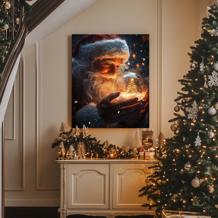 Christmas Canvas Framed Wall Art for Living Room Decor Classical Oil Painting Santa Claus & Crystal Ball Canva Poster Prints Wall Decoration Home Office Bedroom Bathroom Decor
