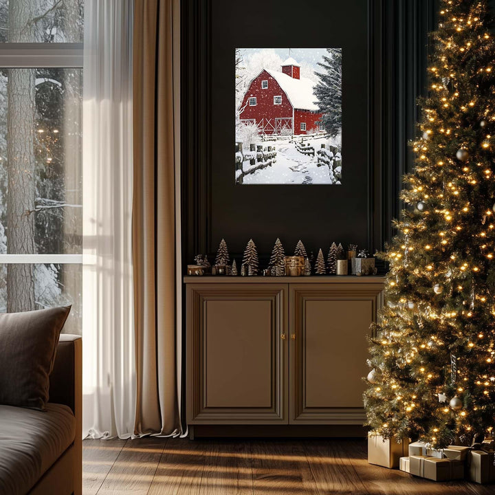 ART Christmas Canvas Wall Decor Festive Print, Red Barn Snow Scene Wall, Winter Farm Holiday Pictures Print Poster Framed Artwork for Living Room and Bedroom Décor