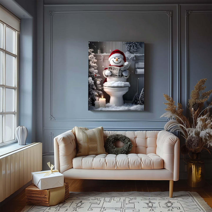 Sunwes Funny Snowman Bathroom Wall Art - Festive Holiday Humor Snowman Canvas Pictures Print for Bathroom Living Room Christmas Decor, Quirky Aesthetics Seasonal Wall Art