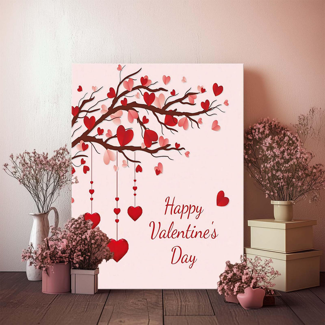 Valentine's Day Canvas Wall Art Romantic Heart Pictures Print, Happy Valentine's Day Heart Tree Design with Red Hearts, Romantic Wall Oil Painting for Living Room, Bedroom