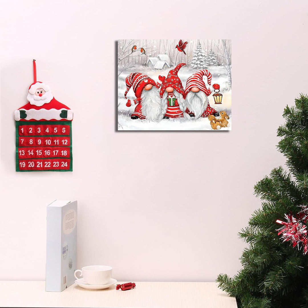 Winter Gnome Fantasy Canvas Wall Art Christmas Snow Scene Decor with Three Gnomes, Two Squirrels, and Three Birds for Living Room
