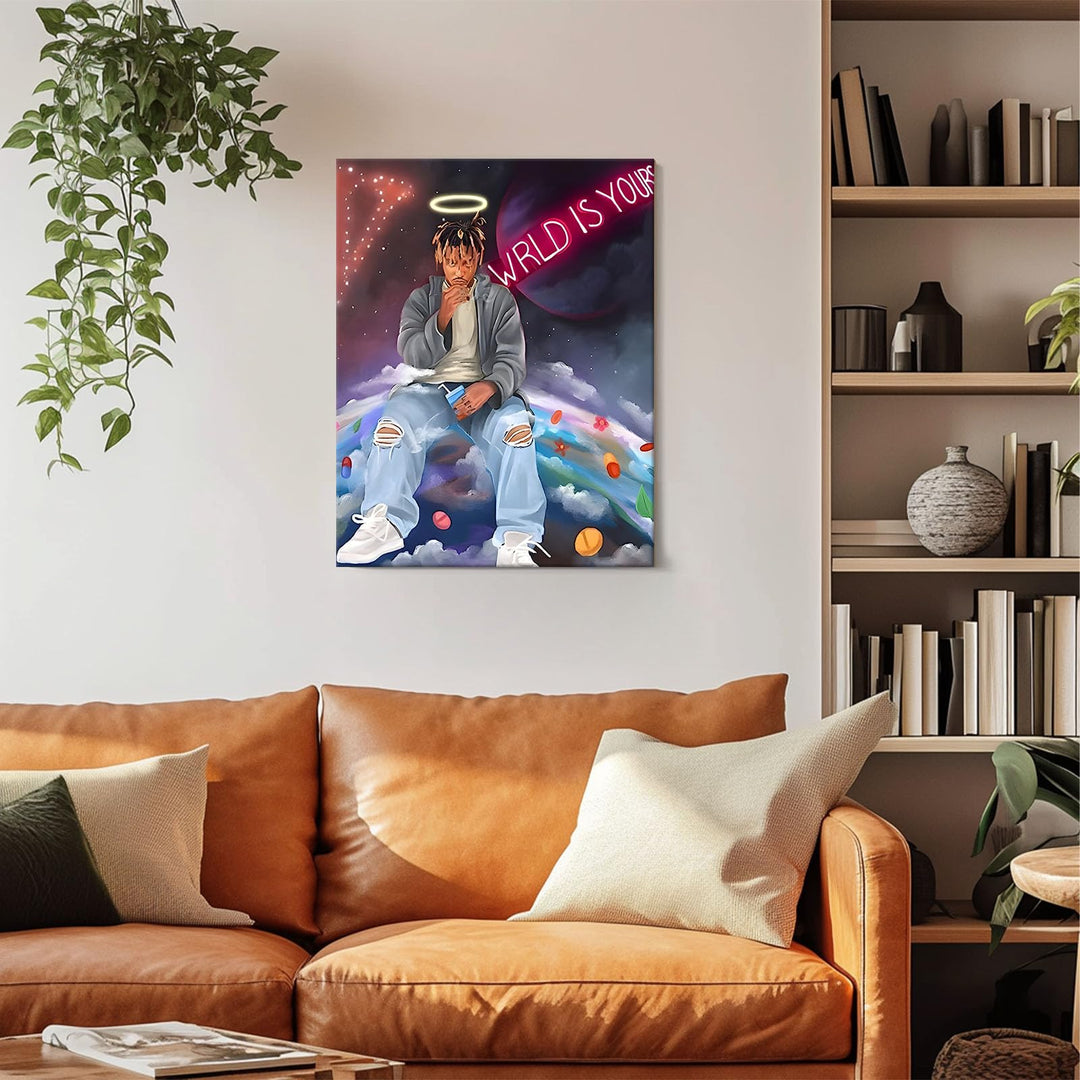 Juice WRLD Canvas Wall Art Pop Rapper Sitting on World Poster Cosmic Picture Artwork, Music and Galaxy Aesthetic Wall Decor for Living Room Bedroom Game Room Bar Studio