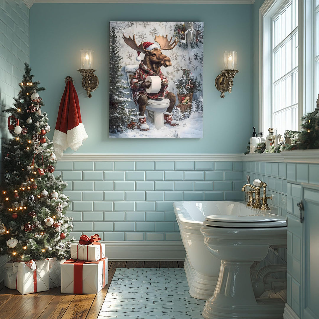 Christmas Moose Print Decor - Funny Holiday Canvas Print with Santa Hat, Winter Scene, Festive Wall Decor for Bathroom or Living Room