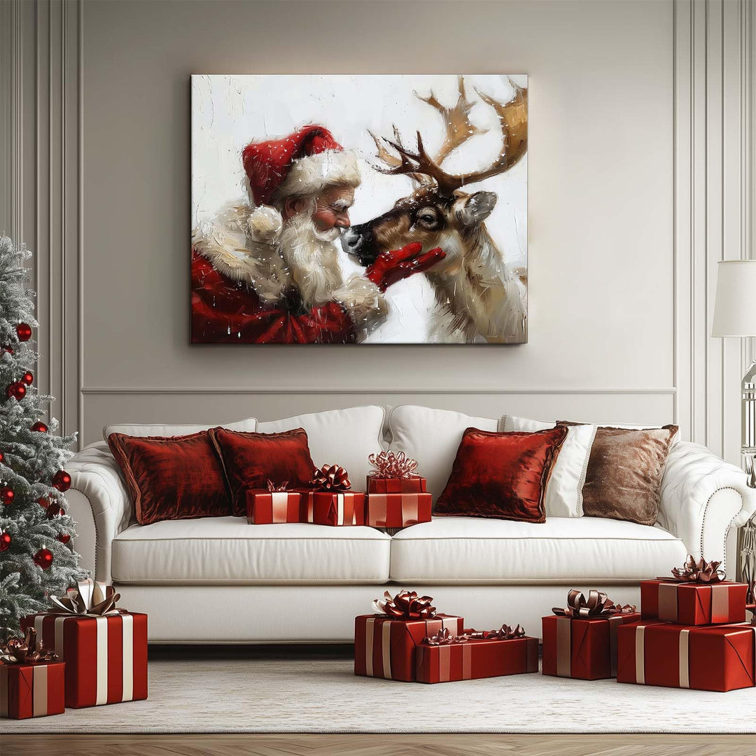 Santa Claus and Reindeer Christmas Canvas Wall Art Decor - Heartwarming Holiday Decor with Santa and His Reindeer, Ideal Addition to Living Room