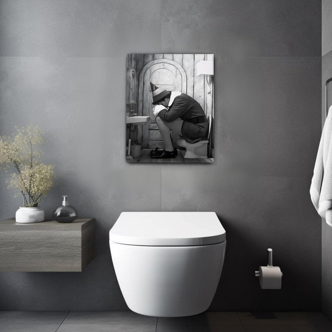Funny Framed Canvas Wall Art Bathroom Decor Black and White Comedy Elf Movies Poster Bathroom Oil Painting Modern Toilet Artwork for Living Room Dorm Wall Home Decoration