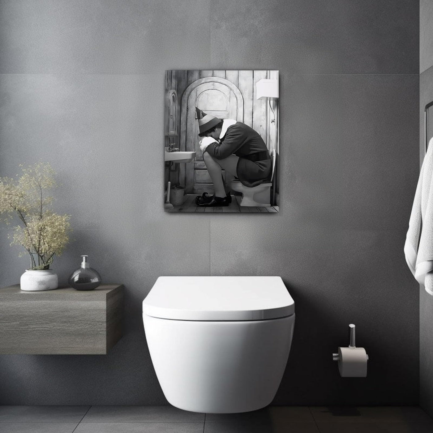 Funny Framed Canvas Wall Art Bathroom Decor Black and White Comedy Elf Movies Poster Bathroom Oil Painting Modern Toilet Artwork for Living Room Dorm Wall Home Decoration