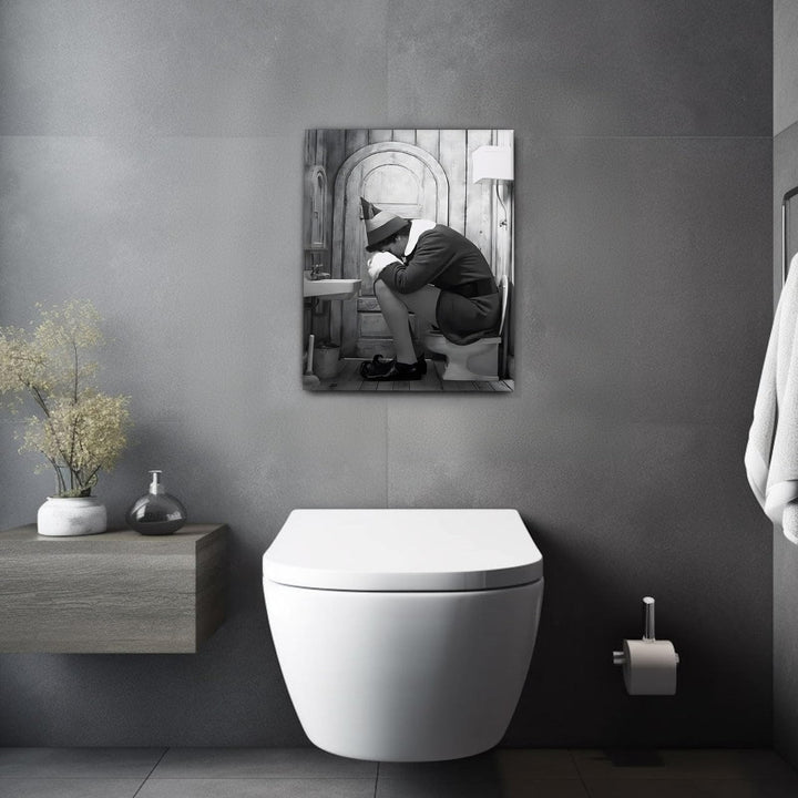 Funny Framed Canvas Wall Art Bathroom Decor Black and White Comedy Elf Movies Poster Bathroom Oil Painting Modern Toilet Artwork for Living Room Dorm Wall Home Decoration