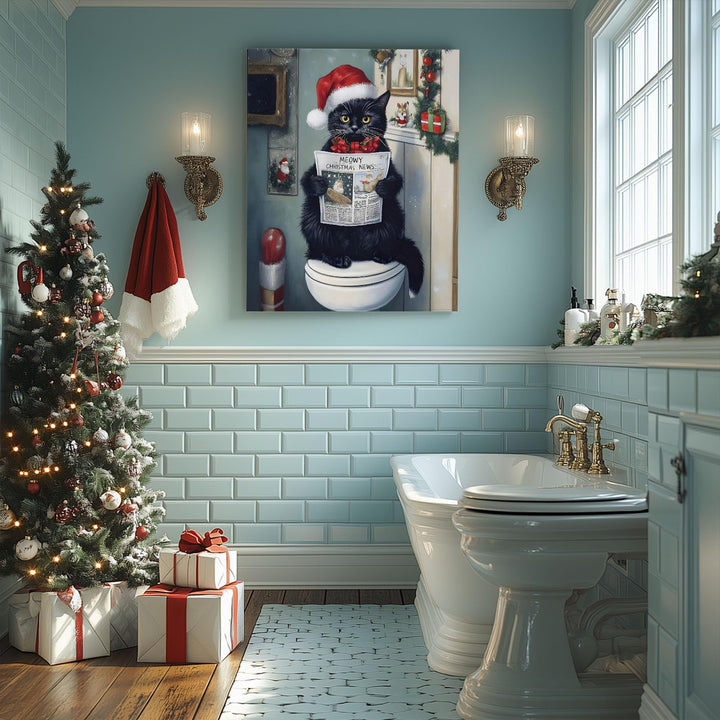 Christmas Bathroom Wall Art - Funny Black Cat Readeing Newspaper Humorous Canvas Print Santa Hat with "Meowy Christmas News," Festive Holiday Wall Decor Artwork for Bathroom or Living Room