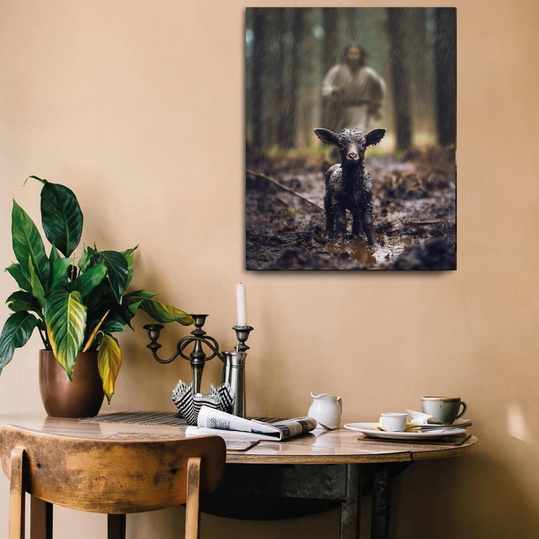 Jesus and Lamb Canvas Wall Art Black Sheep Lost Picture Wall Art Canvas Print Christian Home Decor