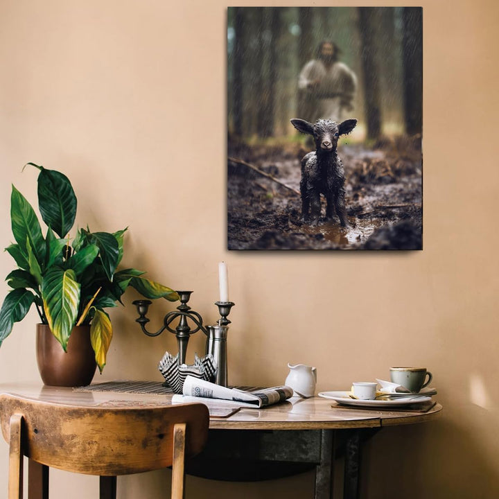 Jesus and Lamb Canvas Wall Art Black Sheep Lost Picture Wall Art Canvas Print Christian Home Decor