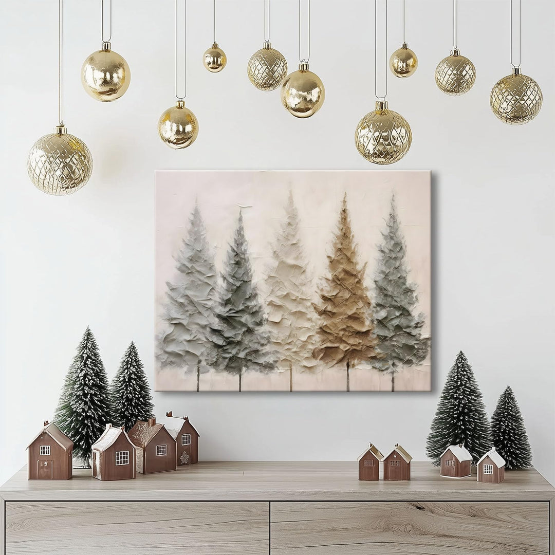 Christmas Canvas Wall Art - Elegant Neutral Winter Forest Scene, Minimalist Holiday Christmas Trees Pictures Print Canvas, Seasonal Wall Poster Decor for Living Room, Bedroom