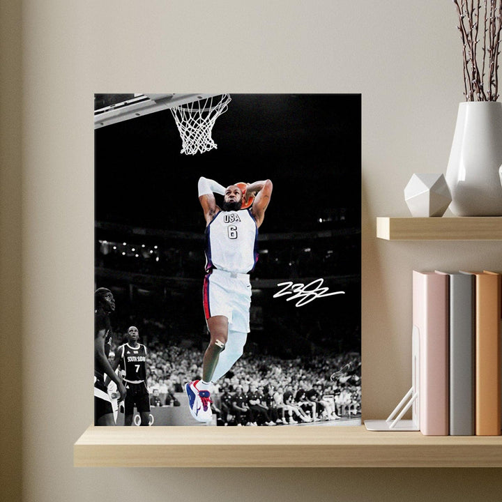 NBA Canvas Wall Art Decor - LeBron James Iconic Dunk for Team USA, Basketball Olympic Moment, Patriotic Sports Poster for Home