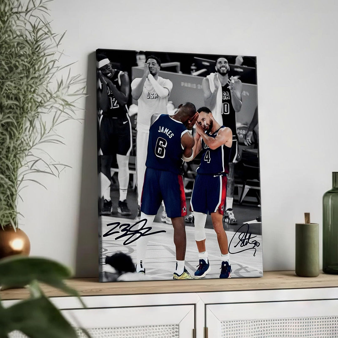 NBA Canvas Wall Art Decor - LeBron James and Stephen Curry Team USA Basketball Print Iconic Sleep Celebration Poster Sports Wall Art for Game Room Bedroom Living Room Man Cave Dorm Room Decor Gift for Basketball Fans