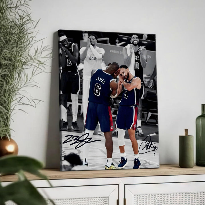 NBA Canvas Wall Art Decor - LeBron James and Stephen Curry Team USA Basketball Print Iconic Sleep Celebration Poster Sports Wall Art for Game Room Bedroom Living Room Man Cave Dorm Room Decor Gift for Basketball Fans